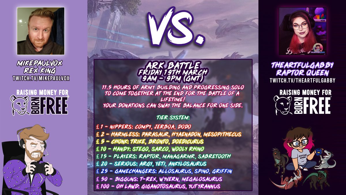 theartfulgabby's tweet photo. SAVE THE DATE!🗓️

On 19th March, myself and @mikepaulvox will be doing a 12 hour ARK BATTLE to raise money for @BornFreeFDN on their 37th anniversary!

We have 11.5 hours to play solo and build our army's in the vicious world of @survivetheark, but YOU can help us by  donating! https://t.co/ktZt2Km47k