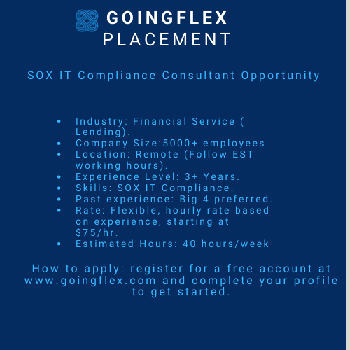 goingflex's tweet photo. #compliance #consulting 
Awesome SOX IT Compliance Consultant Opportunity! https://t.co/W7ARUrBFOr