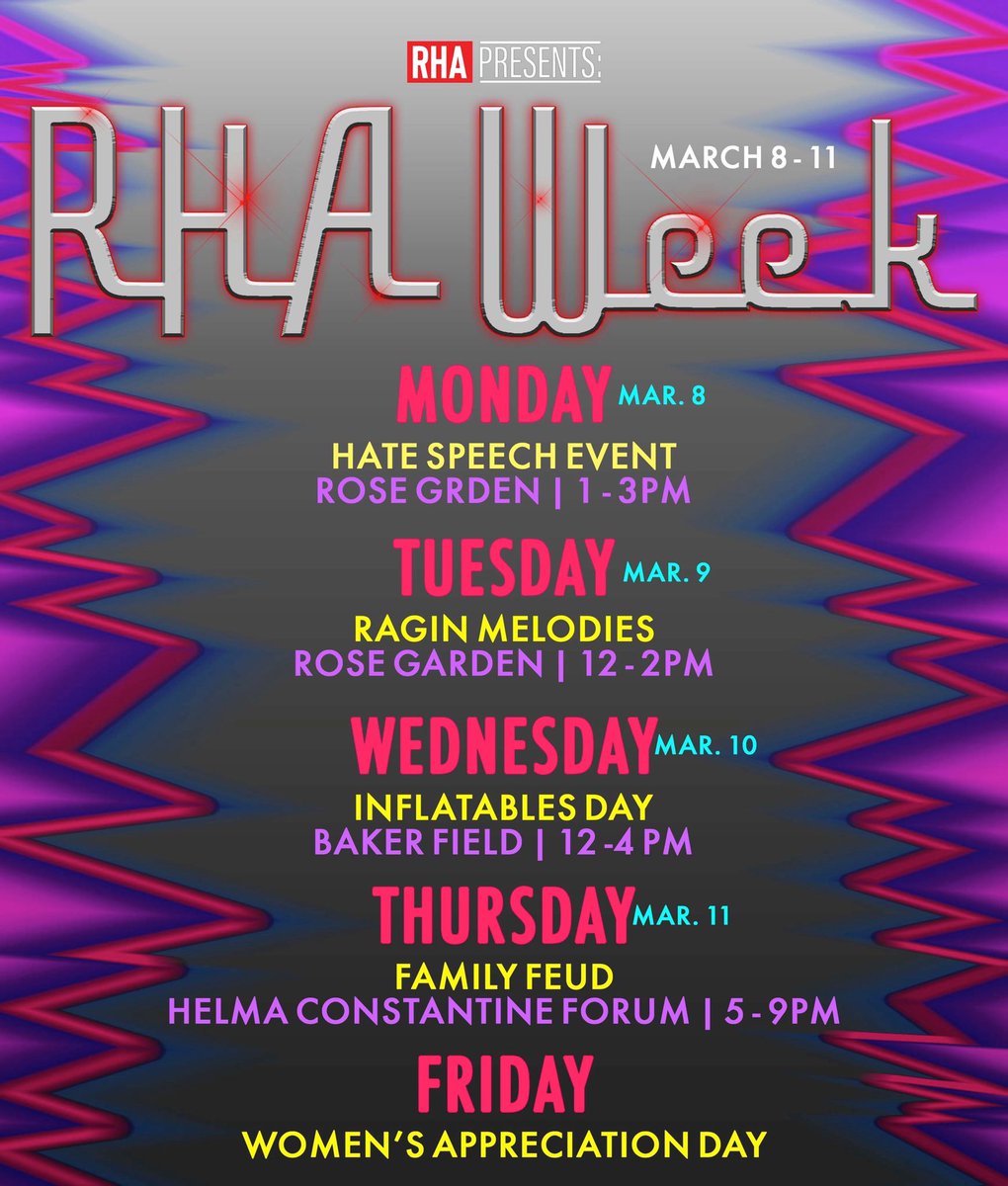Hey Cajuns! This week is your favorite week, RHA week! Join us TODAY at 12 for Ragin Melodies: A Karaoke Event. Bring your finest singing voices and help us celebrate! See you at the Rose Garden 🎶🎙