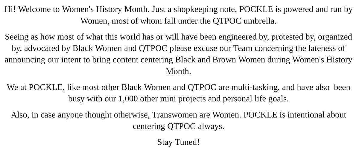POCKLEProject's tweet photo. Welcome to Women's History Month.

Stay Tuned!
#POCKLEWOMENSHISTORYMONTH #WOMENSHISTORYMONTH #TRANSWOMENAREWOMEN https://t.co/dJDPEzK4u8