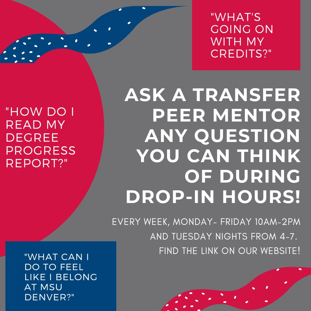 Today's drop-in hours start in 15 minutes!! Will we see you today?
#transferpeermentors #accessibleeducation #transferchampions #transferstudentsuccess #msudenverlovestransfers #msudenver #ptkhonorroll