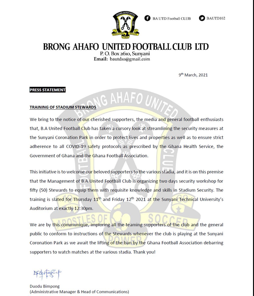 B.A United FC is organizing training for Stadium Stewards