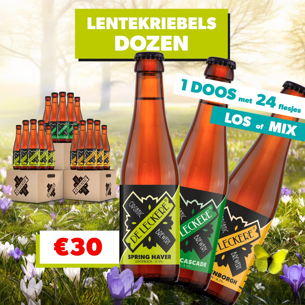 DeLeckere's tweet photo. 🌸 Lentekriebels DRIVE THRU 🌸 : Kom op vr. 19 en za. 20 maart naar de brouwerij en wij vullen jouw auto, fiets of armen met de Leckerste dozen met flinke korting! 😍 Uitgebreide info over alle dozen vind je op onze Facebook, Instagram of in het Facebook Event 👈 https://t.co/ZYe1cJBlDR