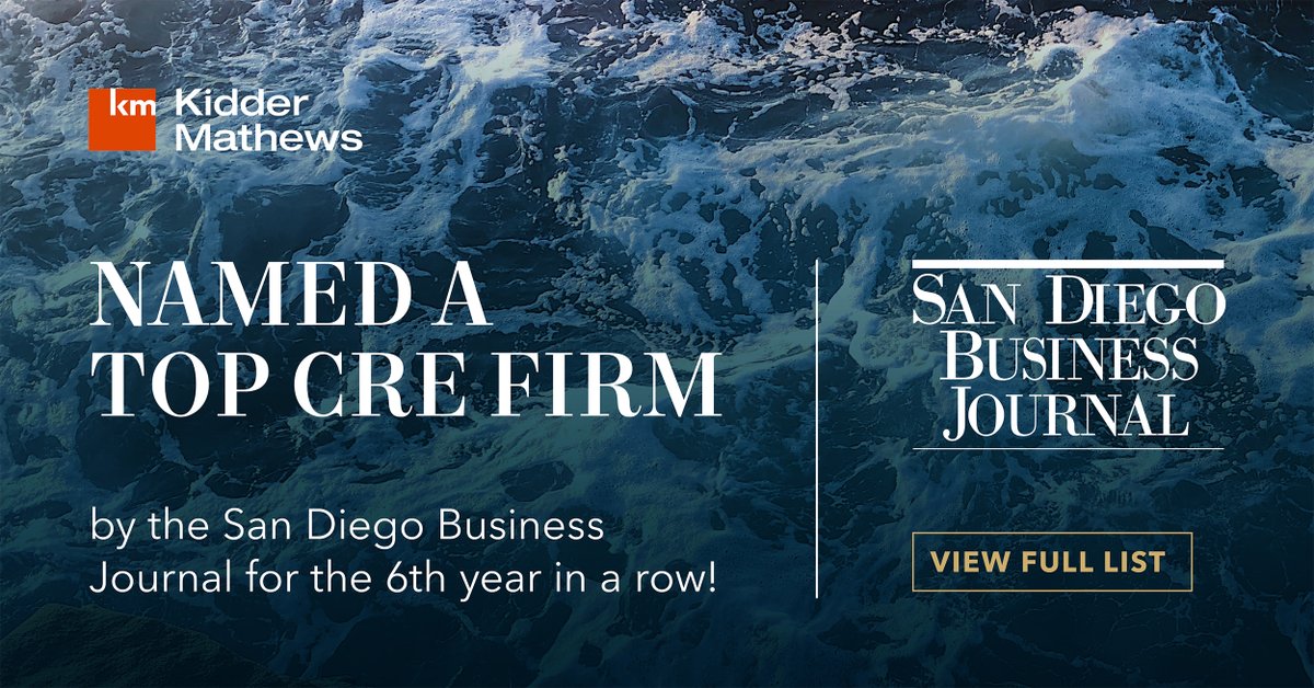 KidderMathews's tweet photo. Kidder Mathews named a top CRE company for the 6th year in a row in @SDbusiness Commercial Real Estate Brokerages list! See the full list: https://t.co/55OPBmbG5g
#CRE #CommercialRealEstate #SDBJ #SanDiego #SanDiegoCRE #KidderMathews https://t.co/BwSJlhbx8A