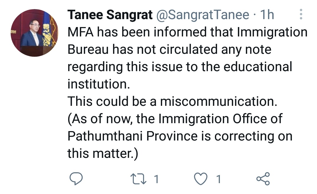 May Wong Pa Twitter Thailand Foreign Ministry Spokesperson Said The Immigration Office Has Not Circulated The Note By An Educational Institution It Could Have Been A Miscommunication T Co Apjs8a11cl T Co Vyvix5mblo T Co