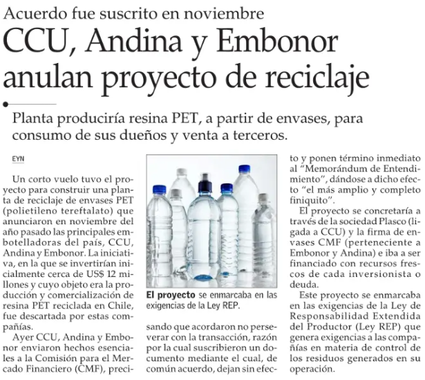 cleporati's tweet photo. En Chile se recicla solo el 8% del plástico que se consume. Por lo que es una pésima noticia la de #CCU #EMBONOR Y #ANDINA que anulan proyecto de planta de reciclaje de envases PET.
Fuente: Nota El Mercurio https://t.co/TUM64RNDPs