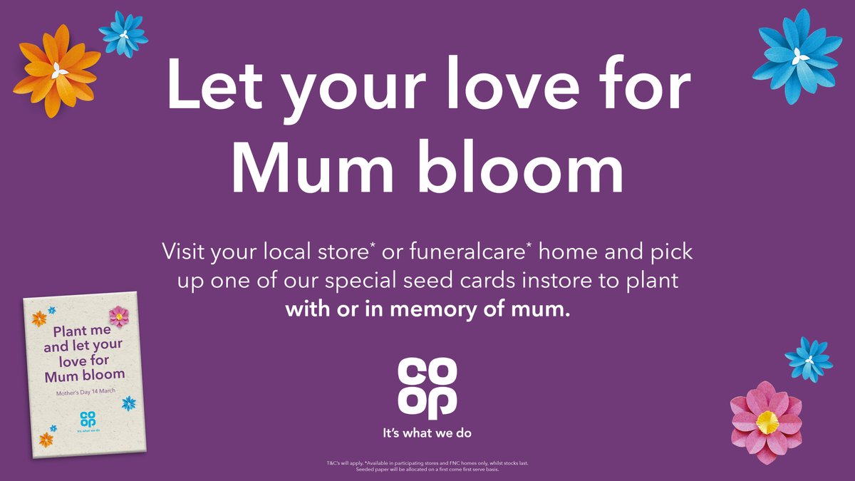 J62Jaxon's tweet photo. This year, @coopuk and @CoopFuneralcare are handing out seeded paper to help people celebrate their loved ones on Mother's Day. Pop in to get yours and let your love bloom 🌼 #ItsWhatWeDo https://t.co/chV7c0q65v