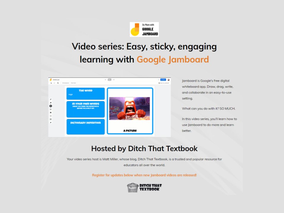 Jamboard posts are some of the MOST POPULAR on my site!

So I made something for you.

A 4-part video series: Do More with Google Jamboard

Level up your Jamboard skills! ditchthattextbook.com/do-more-with-g…

PS: Check out the comments more ideas and templates! #DitchBook #TechLAP #GoogleEDU