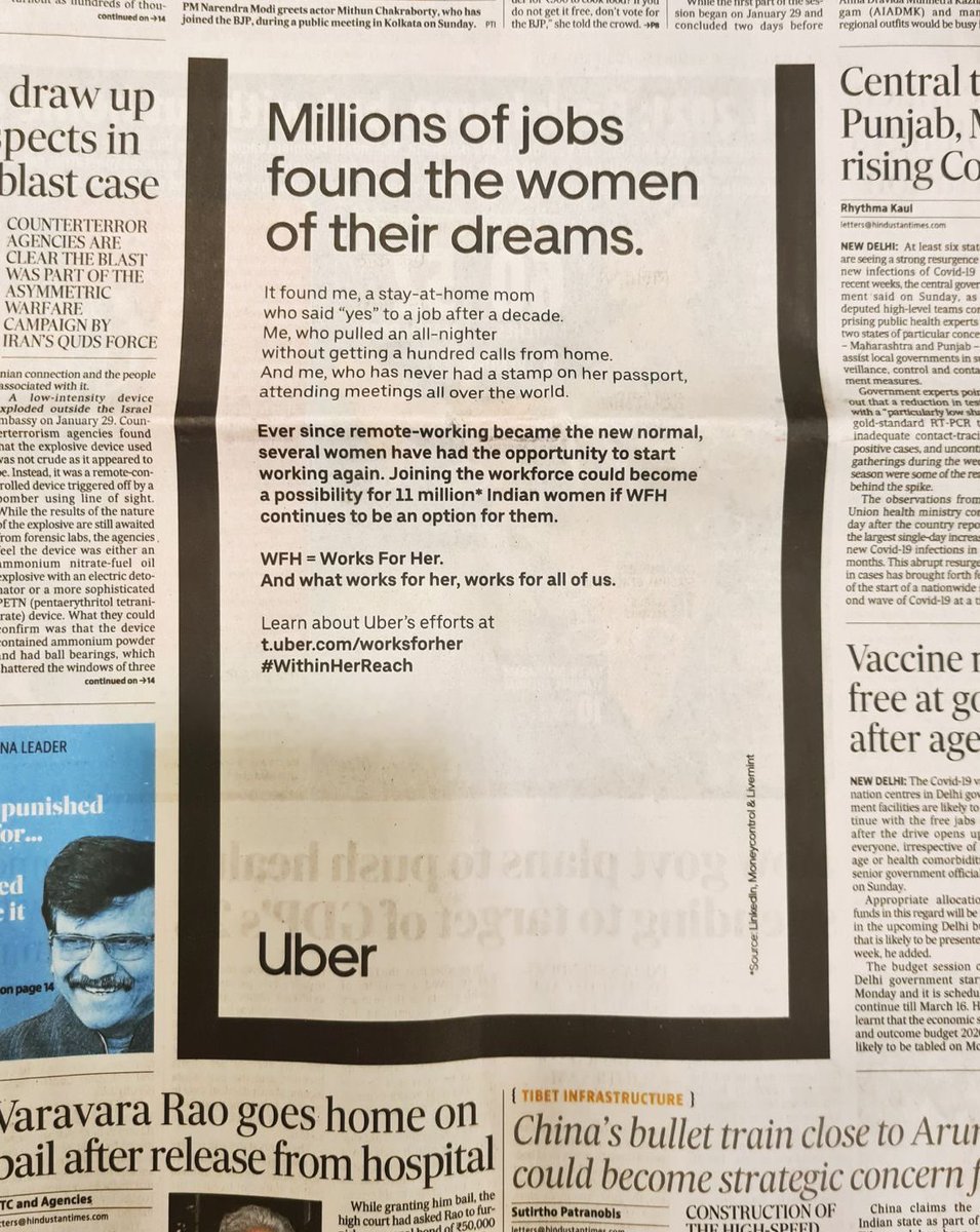 SatishShekar's tweet photo. Thought provoking ad by @Uber 

#WFH is redefined as “Works For Her” 

If 11 million women can get a chance, then many more employers would support #WFH at their organisations! 
#Uber #ad #WithinHerReach https://t.co/fliNH1denm