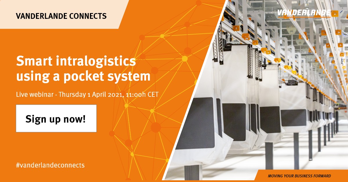 Vanderlande's tweet photo. In our webinar 'Smart #intralogistics using a pocket system', we will focus on how efficiencies can be made by using #pocketsorter systems, as well as the benefits of a pocket storage area.

When: 1 April 2021, 11.00h CET
Sign up: https://t.co/IKHux2QimR

#VanderlandeConnects https://t.co/CmlizCXgs5