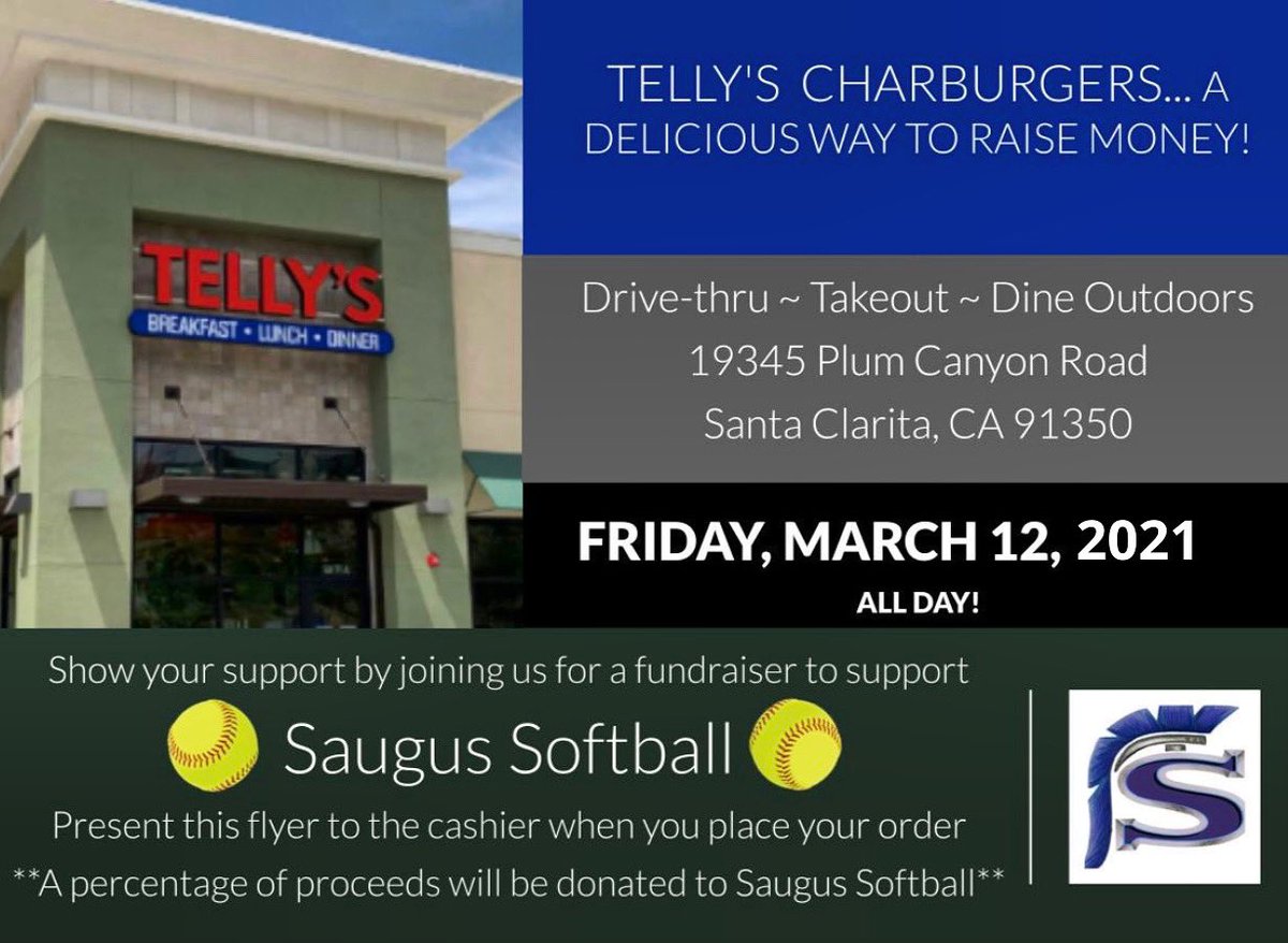 SaugusSoftball1's tweet photo. Feast at Telly’s this coming Friday while supporting Saugus Softball! The fundraiser is good ALL DAY, just present the flyer (print or phone) when you order! Thank you for your support! 🥎🍔🍟 #saugussoftball #saugusstrong #tellys #fundraiser https://t.co/CYO7PmfxwJ