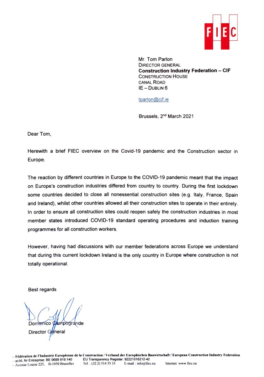 CIF_Ireland's tweet photo. The below letter, from FIEC to CIF Director General Tom Parlon, provides a brief overview of COVID-19 and the construction sector in Europe, and notes that Ireland is currently the sole country in Europe where construction is not totally operational https://t.co/sctsTpdXlS
