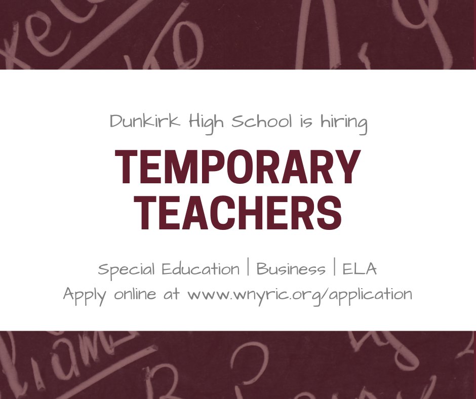 Dunkirk High School is hiring temporary teachers! 😎

There are temporary openings for the following positions:

✏ Business
✏ Special Education
✏ English Language Arts

All interested applicants should submit an application at wnyric.org/application