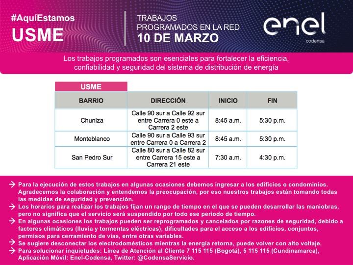 UsmeAlcaldia's tweet photo. #Atención🚨
El 10 de marzo de 2021 se realizarán trabajos programados para fortalecer el sistema de distribución de energía por parte de Codensa Energía en los siguientes barrios.👇 https://t.co/aMpEOTIs1s