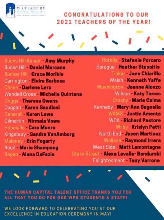 WaterburySchool's tweet photo. Congratulations to our 2020-2021 Teachers of the Year...recognized for their incredible contributions to the field of education. Each one has inspired a love for learning in their students and has supported their colleagues through an extraordinary year. https://t.co/BJrtJve5Ju