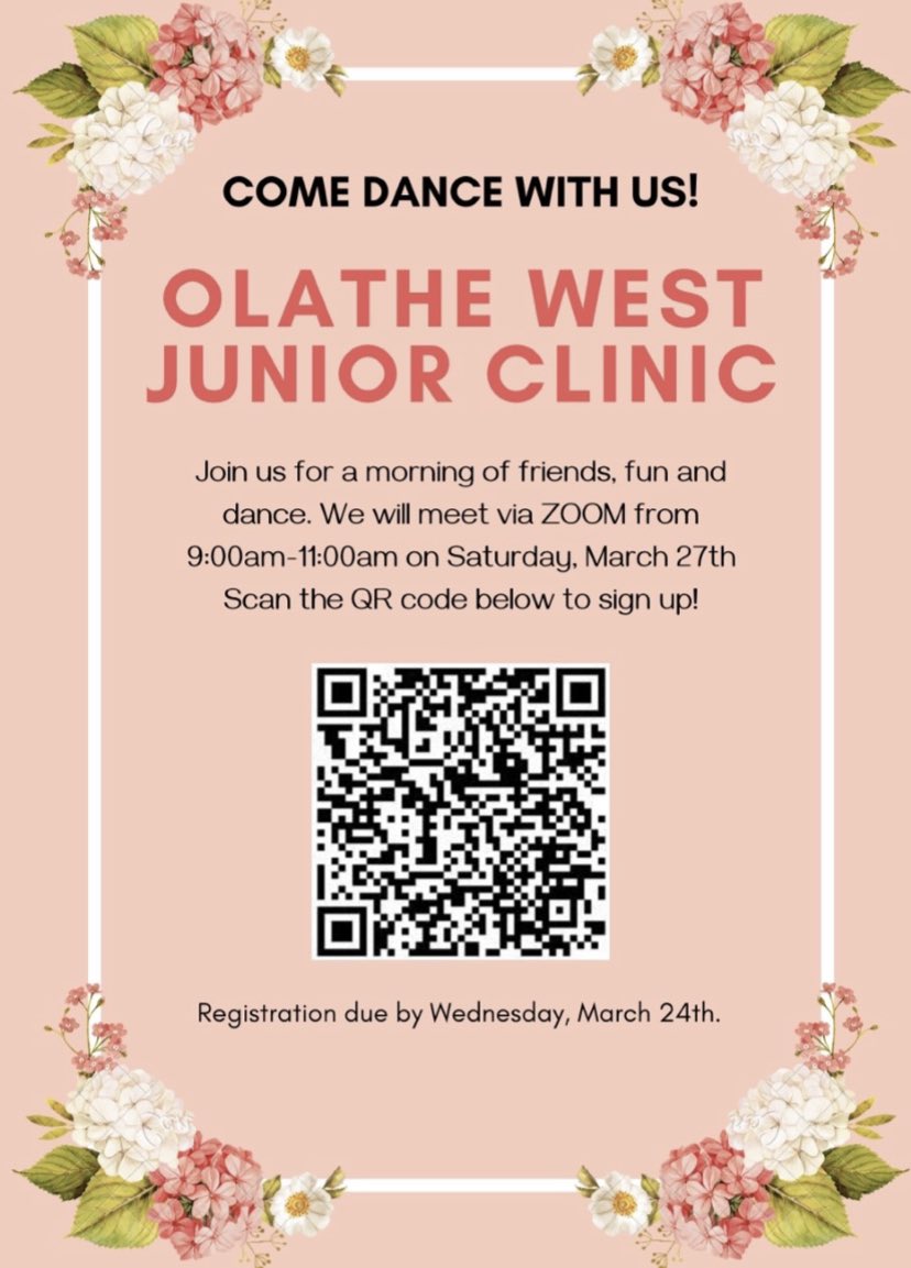 Come dance with us! 💕 Grades K-5th, Join is for a morning of friends, fun, and dance.

We will meet via ZOOM from 9-11am on 3/27.

Use the QR code below to sign up! Registration is due 3/24.

👯‍♀️🕺🏻💃