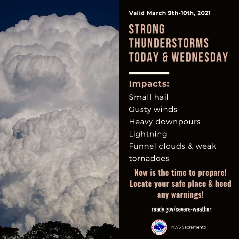 NWSSacramento's tweet photo. Thunderstorms are possible today &amp; tomorrow afternoon &amp; evening. Some thunderstorms could become strong with funnel clouds or weak tornadoes possible.

Now is the time to prepare! Locate your safe place &amp; know what to do if a storm forms near you. https://t.co/xA6DIGPWkt #CAwx https://t.co/2YOueXXpe3