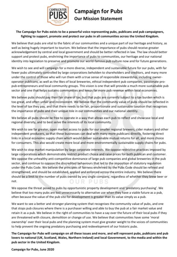 Want to see a better, more independent future for our #pubs? ⚖️ 

Better access for small #brewers & #breweries? 🍺👍

Read our #missionstatement.

JOIN the grassroots #CampaignforPubs TODAY! ⬇️ 🤝👏

campaignforpubs.org.uk/about-campaign…

#RealVoiceforPubs #SupportOurPubs