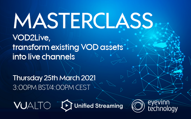 Together with <a href="/InfoEyevinn/">Eyevinn Technology</a> and @VUALTO, we are happy to present the new Masterclass: VOD2Live, transform existing VOD assets into live channels.
Would you like to attend? Don't forget to register here!

bit.ly/3epmecO

#VOD2Live #OTT #streamingvideo #videostreaming