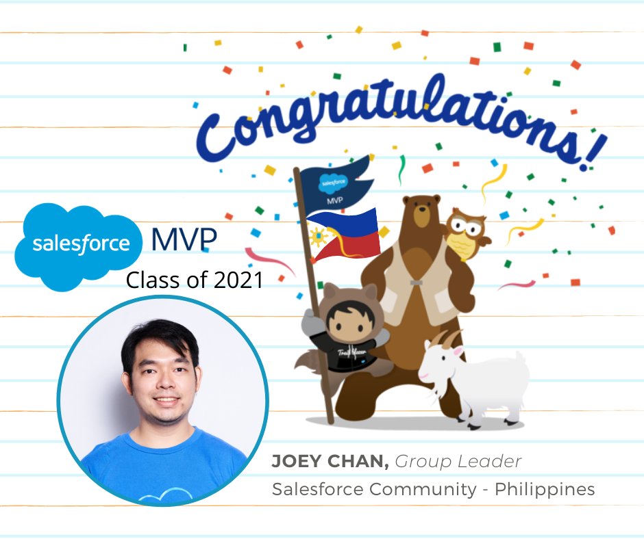 Congratulations <a href="/CloudJedi__c/">Joey Chan</a>  for being one of the Salesforce MVP Class of 2021! Your PH trailblazer community is very proud of your achievement! 🎉🎉

#sfphilippines #SalesforceMVP