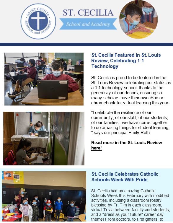 stlcathschools's tweet photo. Learn more about our good news and school happenings at St. Cecilia in our latest E-News edition! https://t.co/YSHwoRlj7X #StCecilia #CatholicEdSTL https://t.co/NEHcjp0ekt
