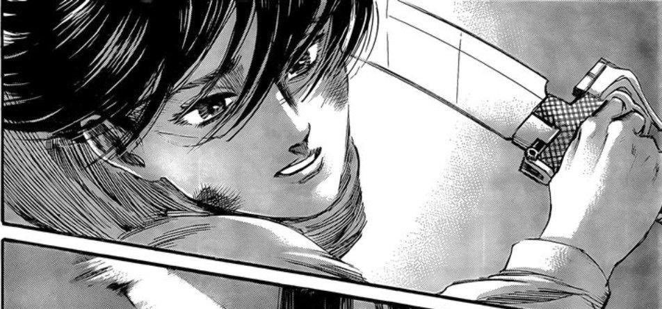 In 138, Eren has his eyes closed, he doesn't want to see his actions so much that he prefers to leave them like this. He feels completely bad too, but his guardian angel has arrived, he opened his eyes little by little, &, you can feel peace in his eyes, with a slight smile