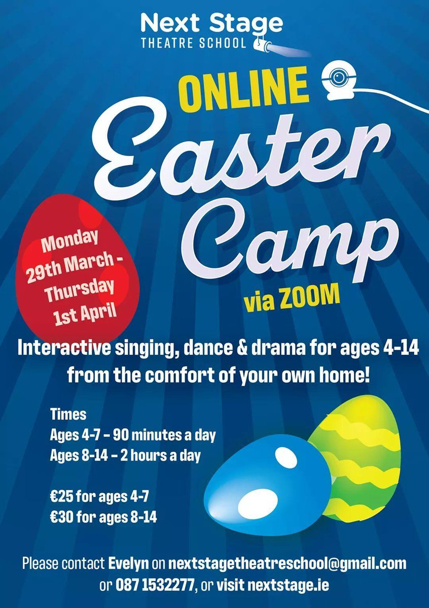 Next Stage Theatre School is running an interactive Zoom Easter Camp for kids aged 4-14 from anywhere in Ireland! 
#easter #eastercamp #zoomcamp #onlinecamp #kidscamp #easterholidays #singing #dance #drama #performance