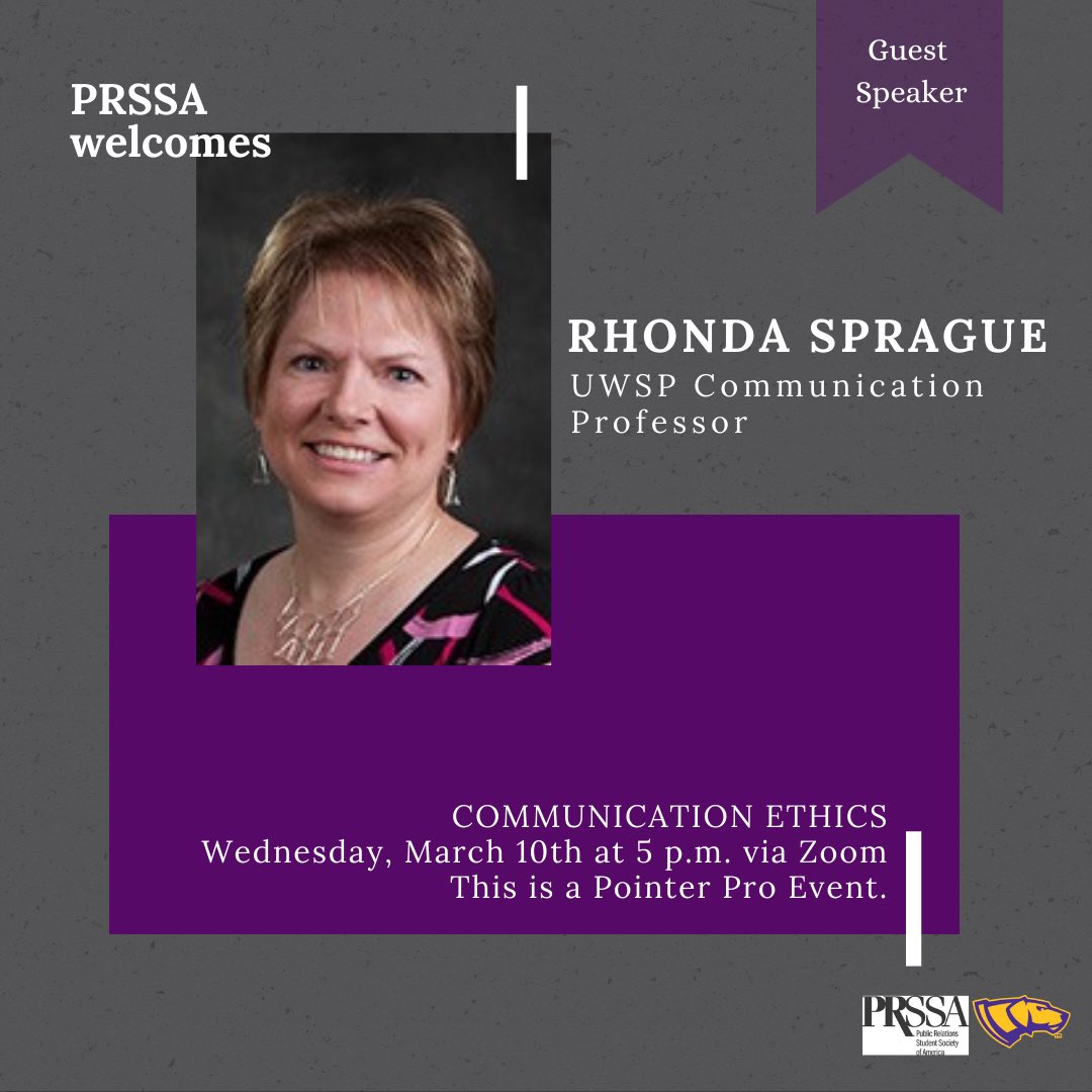 ✨MEETING TOMORROW✨

Tomorrow at 5 p.m. we welcome Rhonda Sprague! Come hear about the PRSA Code of Ethics and where you might run into ethical issues in your future career. See you there!
Meeting link: uwsp.zoom.us/j/91262063177?…
Passcode: uwspprssa