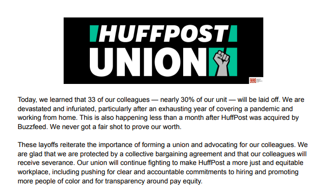 Today, we learned that 33 of our unit members — nearly 30% of our unit — are being laid off. Our union's statement: "We are devastated and infuriated, particularly after an exhausting year of covering a pandemic and working from home." (1/x)
