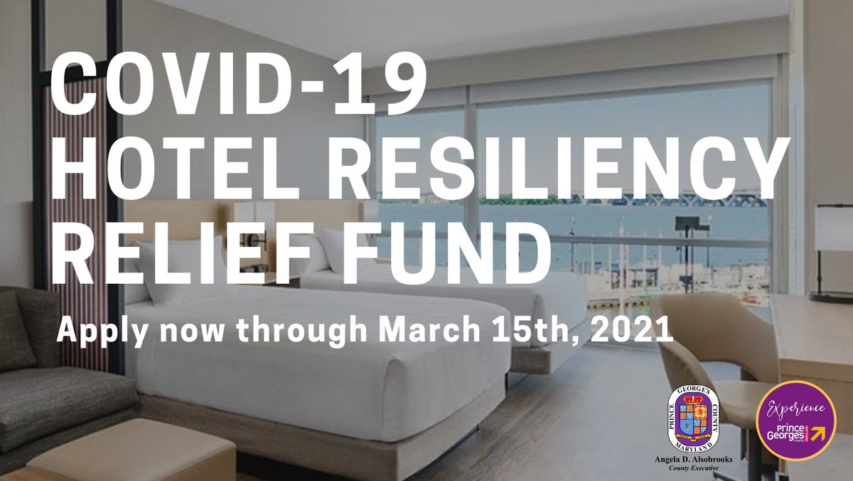 The deadline for the COVID-19 Hotel Resiliency Relief Fund  has been extended to March 15, 2021! This fund will provide grants to Prince George’s County-based hotels and similar establishments that have been adversely impacted by the COVID-19 pandemic. …lresiliency.princegeorgescountymd.gov