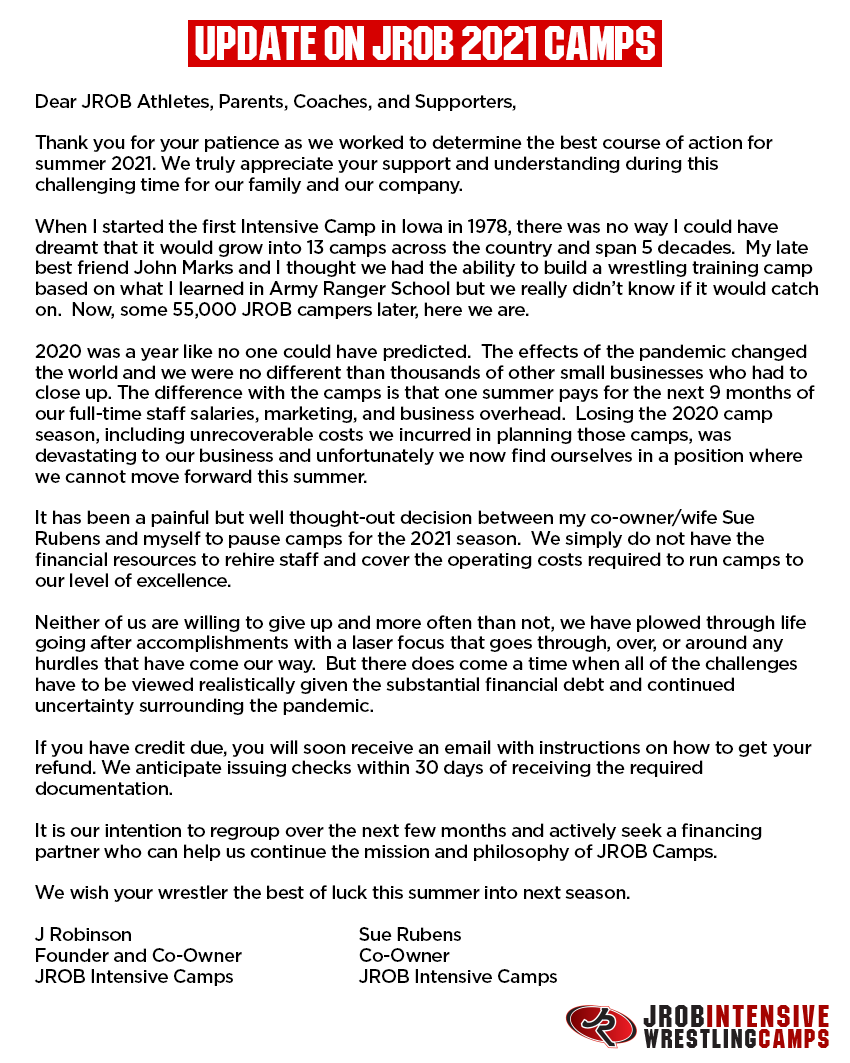 Statement on 2021 JROB Wrestling Camps (click to expand).