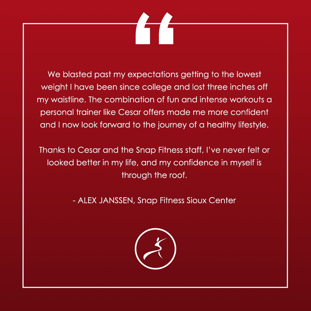#SNAPNATION Appreciation is about crushing expectations and supporting our members throughout their health and wellness journey. Alex's lifestyle change features Sioux Center Snap Fitness' Personal Trainer, Cesar. ❤️

Read more about Alex's journey here: bit.ly/3biYo01