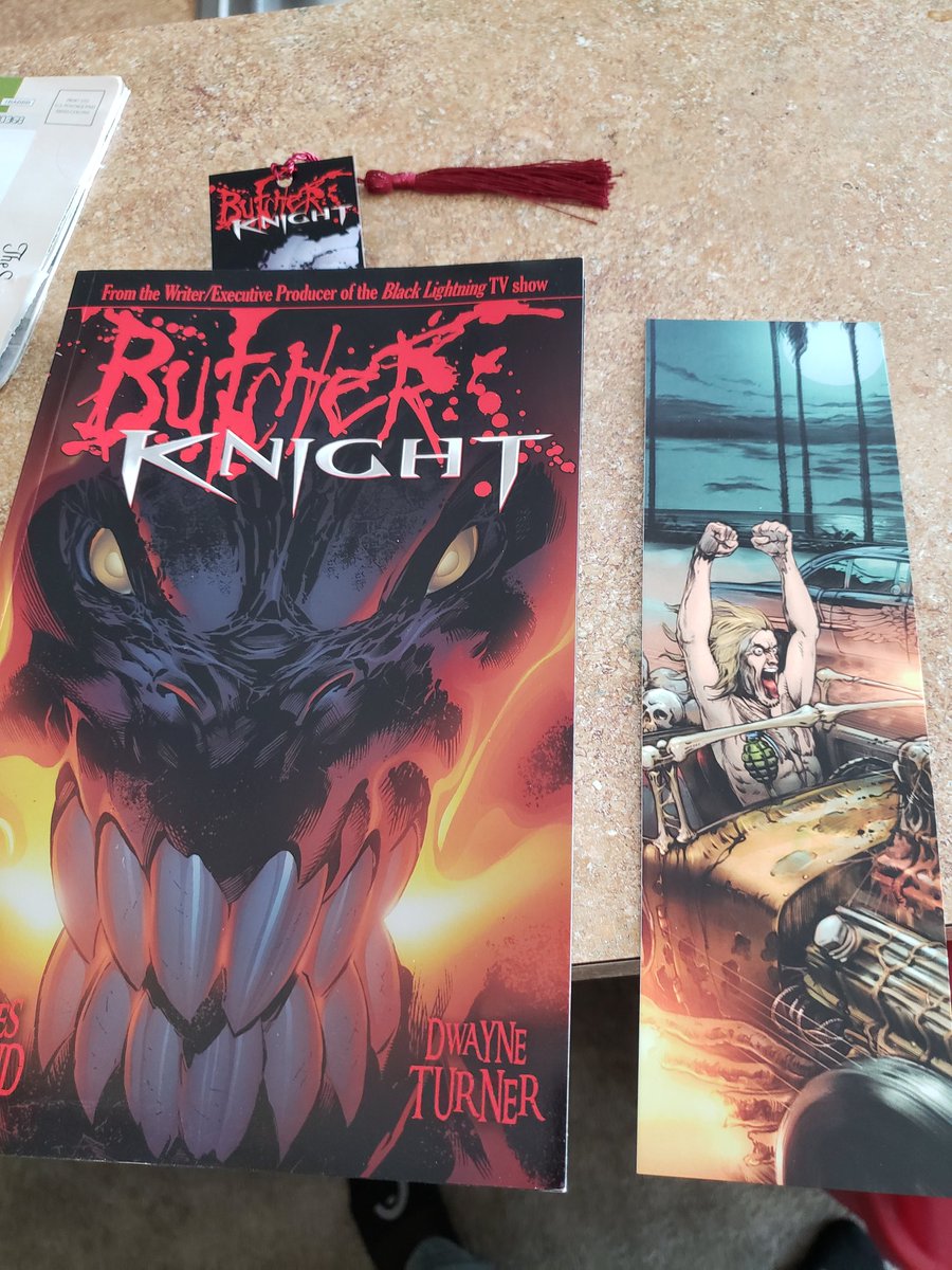 MadHatterAsylum's tweet photo. Man look what came in😁 I cant wait to read butchered knight by @Barnstormfilms @CharlesDHollan1 art look awesome and will look just as good on my shelf next to other creater owned stories plus this first time that a backed book that had a bookmark with a tassle so fancy😄 https://t.co/6SGwrxEXHS