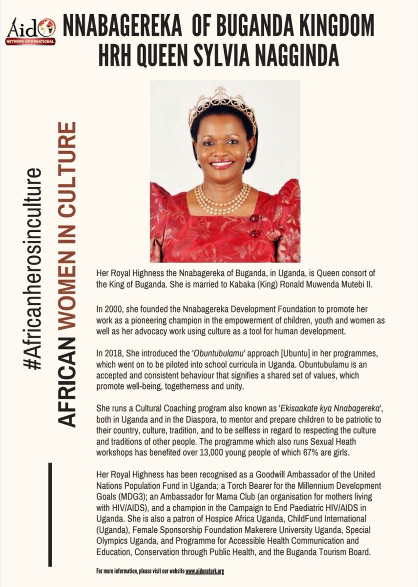 Aido Celebrates Women in Culture. 

We celebrate Nnabagereka of Buganda Kingdom HRH Queen Sylvia Nagginda
Learn more about this phenomenal Woman on aidonetwork.org/african-women-… 
#AfricanHerosinculture 
#AfricanWomeninCulture pic.x.com/t7Zn4w4THn