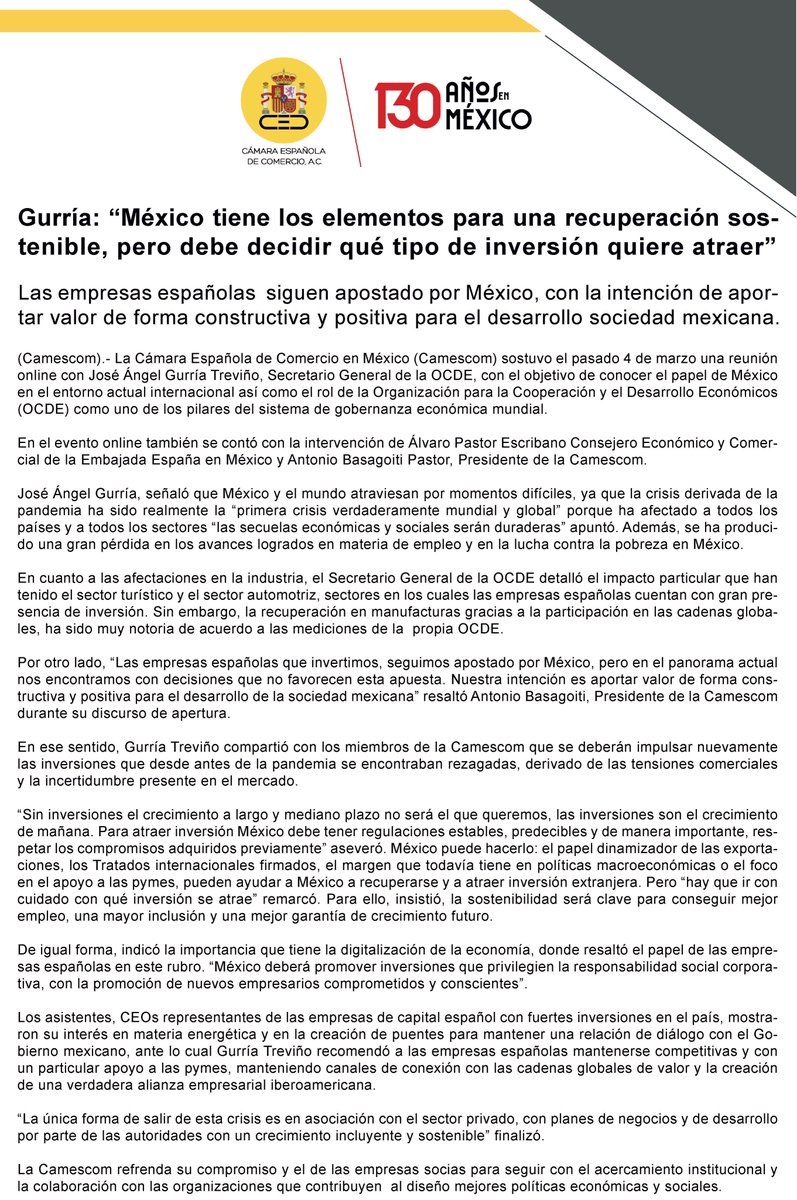 camescommx's tweet photo. #NoticiasCamescom Gurría: “México tiene los elementos para una recuperación sostenible, pero debe decidir qué tipo de inversión quiere atraer” ⬇️ 
https://t.co/NViO8H8Auf https://t.co/KJxKk5suy8