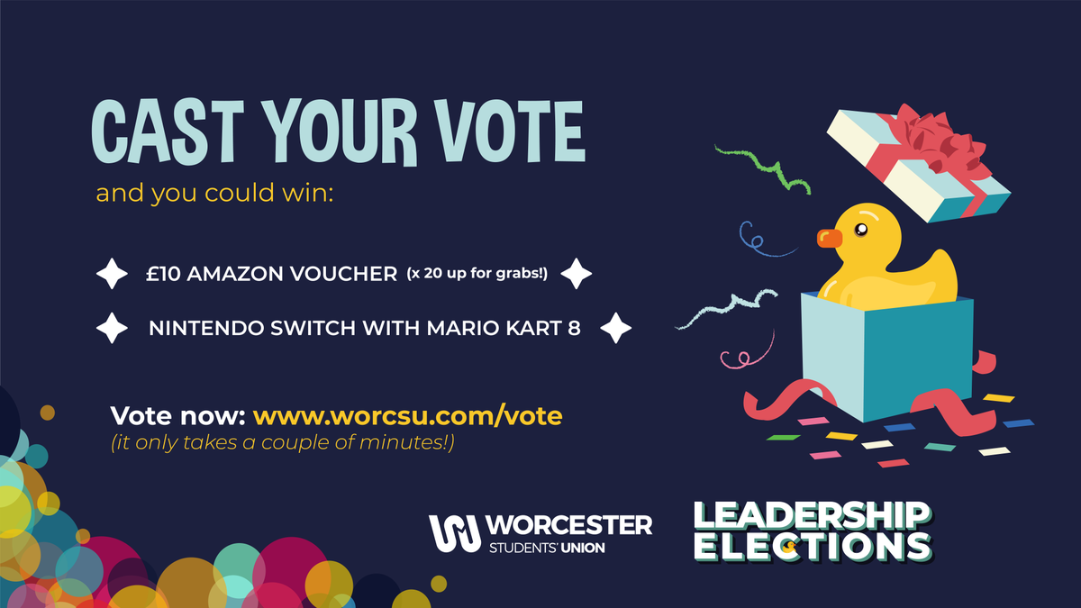 worcsu's tweet photo. Every single student who votes in this year's SU Leadership Elections is entered into our random prize draw! Right, who fancies winning a Nintendo Switch?? 🎮🙋🙋🙋🙋
🗳️ VOTE NOW: https://t.co/Q0cZ9OY1vk #DontDuckOut #VoteWorc 🗳️ https://t.co/3xoMtc1PvQ