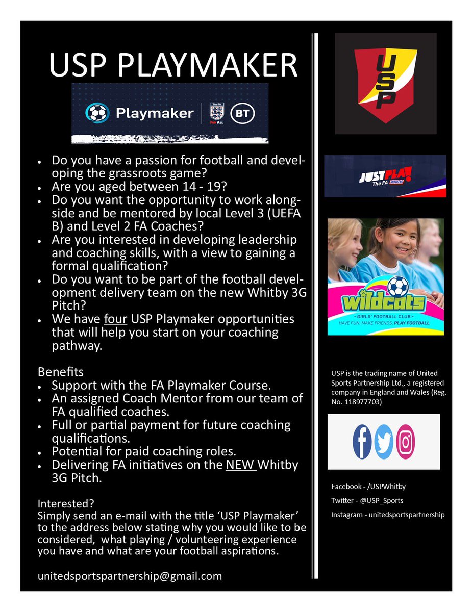 USP_Sports's tweet photo. 🚨 Coaching Opportunity 🗣

We are offering an excellent opportunity for 4 young people to join us as a ‘USP Playmaker’ ,and help deliver football development alongside our FA qualified coaches.

Please see the image below for full details 👇⚽️ 

#TeamUSP #USPFootball https://t.co/mgPyPLThYN
