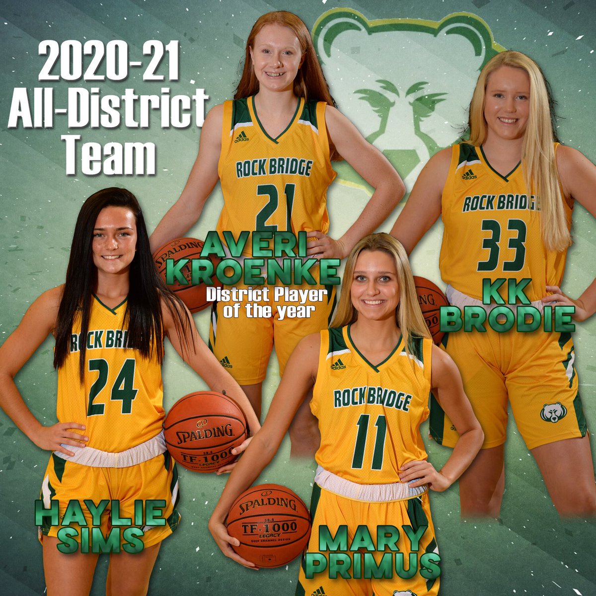 RockBridgeGBK's tweet photo. Congratulations to @akswish1 @KkBrodie @maryprimus_ @Haylie_sims on their selection to the Class 6 District 8 All-District Team! The by-product of hard work and great teammates pushing them everyday. It takes everyone! #CTC #WTE💚💛🏀 https://t.co/dYT9BcdnhP