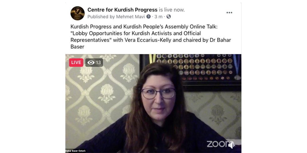 @KurdishOrg & @KurdishAssembly Online Talk by @EccariusV (chaired by @Bahar_Baser) 'Lobby Opportunities for Kurdish Activists and Official Representatives' is LIVE!
Join us on zoom zoom.us/meeting/regist…

or watch livestream on Facebook fb.watch/47szQorWIa/