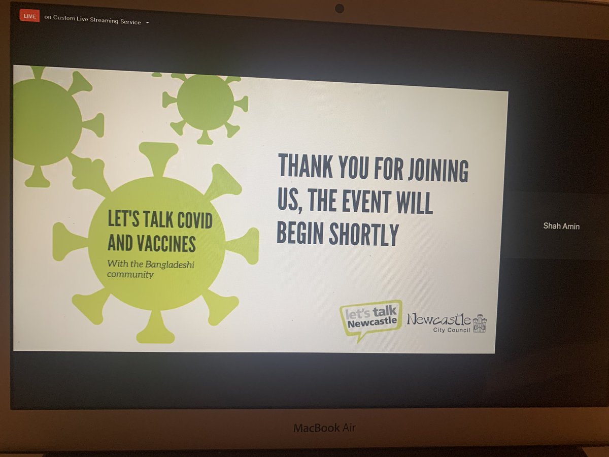 Looking forward to hearing the experts speak all about the #CovidVaccine for our local Bangladeshi community with some amazing speakers at our 1st #letstalk #BAME event @NewcastleCC @LornaLLO @lornaMBS84