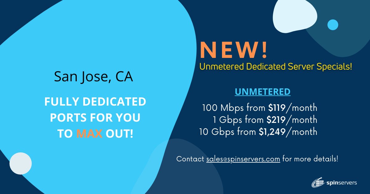 spinservers's tweet photo. NEW specials! For a limited time get an unmetered dedicated server in San Jose, CA! Contact sales@spinservers.com to get started!
#spinservers #cloud #technology #datacenter #tech #servers #networking #it #bigdata #baremetal #iot #cloudcomputing #virtulization #new #specials https://t.co/qQsZzZdxcM