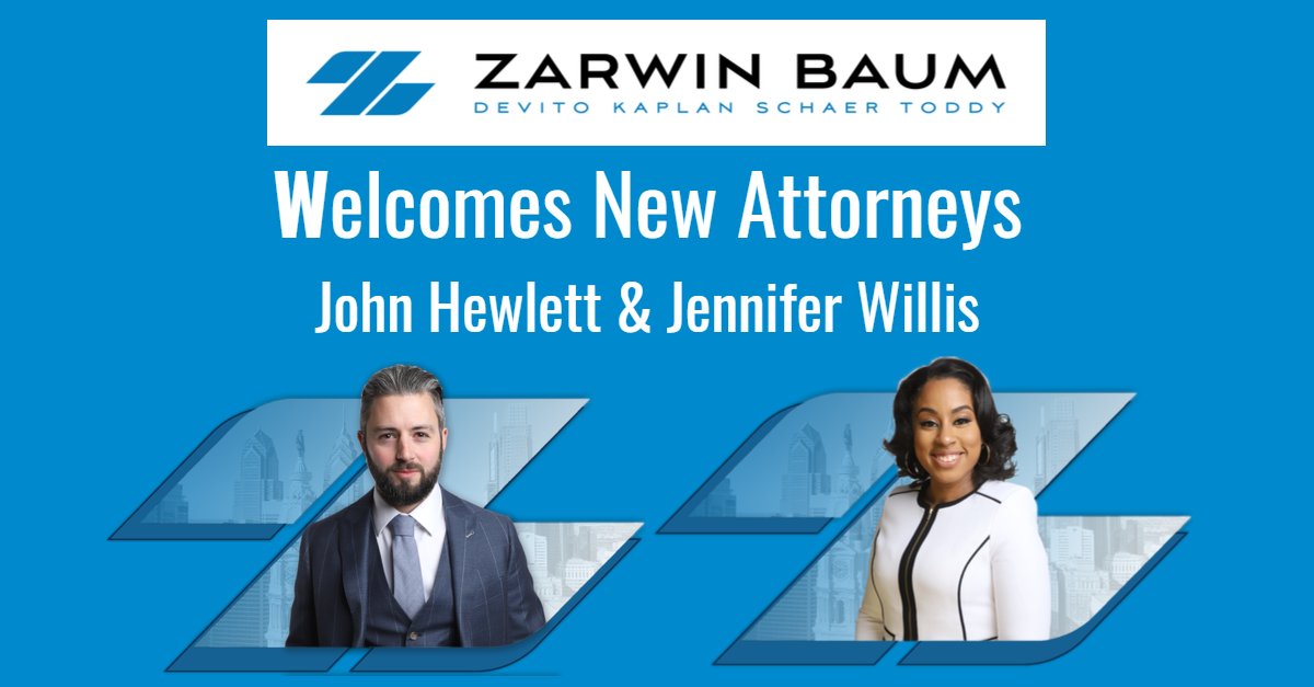 Zarwin Baum (@zarwinbaum) on Twitter photo Zarwin Baum is pleased to welcome John Hewlett and Jennifer Willis to our Casualty and Professional Liability Defense Team!
Read more about our new attorneys here: conta.cc/2O9CyUi Zarwin Baum is pleased to welcome John Hewlett and Jennifer Willis to our Casualty and Professional Liability Defense Team!
Read more about our new attorneys here: conta.cc/2O9CyUi