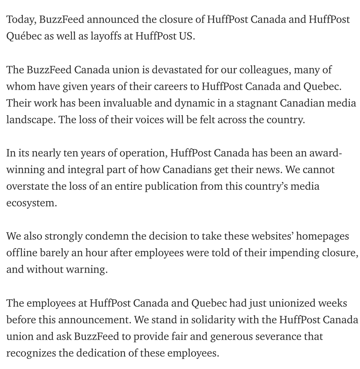 bfcaunion's tweet photo. Today, BuzzFeed announced the closure of HuffPost Canada and HuffPost Québec as well as layoffs at HuffPost US.

We stand in solidarity with our colleagues. This is our statement. 
https://t.co/wouIiVfFTx https://t.co/q4A0qPBeXA