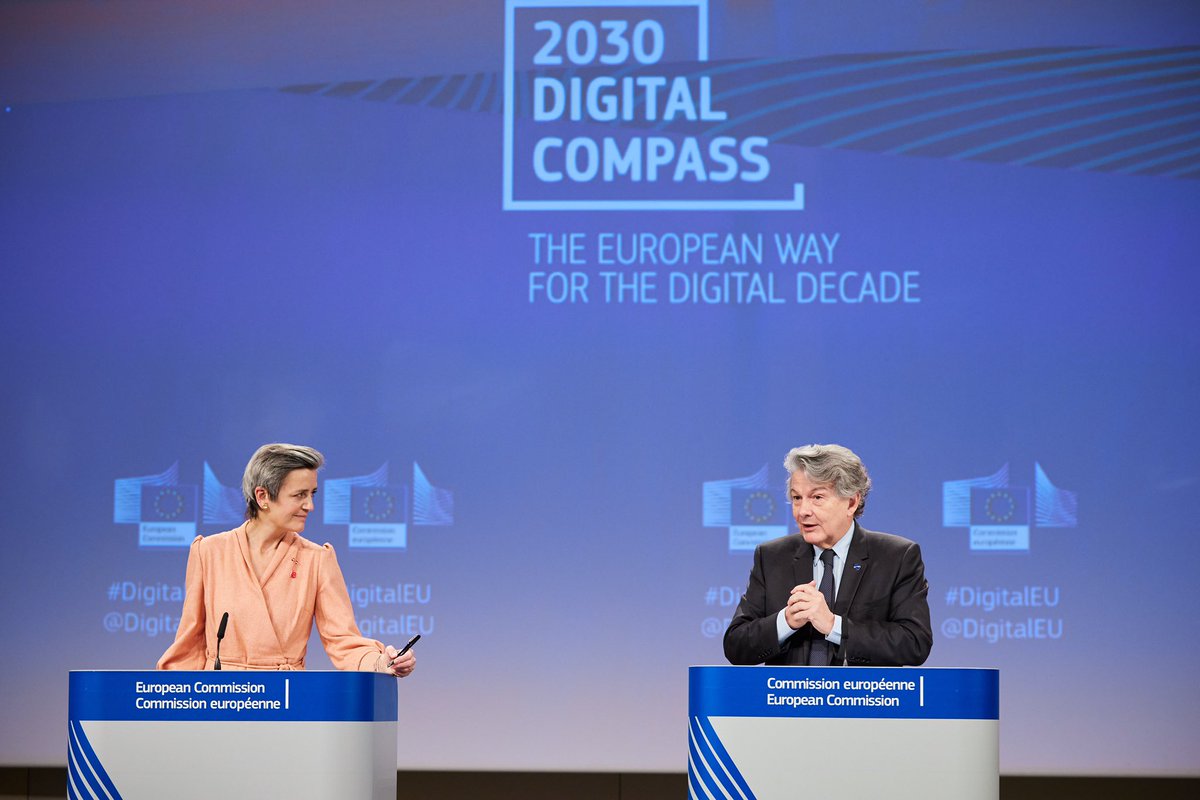 ThierryBreton's tweet photo. Timing is everything. 

Launching today our 🇪🇺Digital #Compass 🧭 with ambitious &amp; concrete targets for 2030:

✔️20+ million digital experts 

✔️90% digitised #SMEs

✔️#Gigabit 4 everyone &amp; #5G everywhere

✔️20% global shares in next-gen #microchips

✔️#Quantum accelerators https://t.co/DIl5LmM4yk