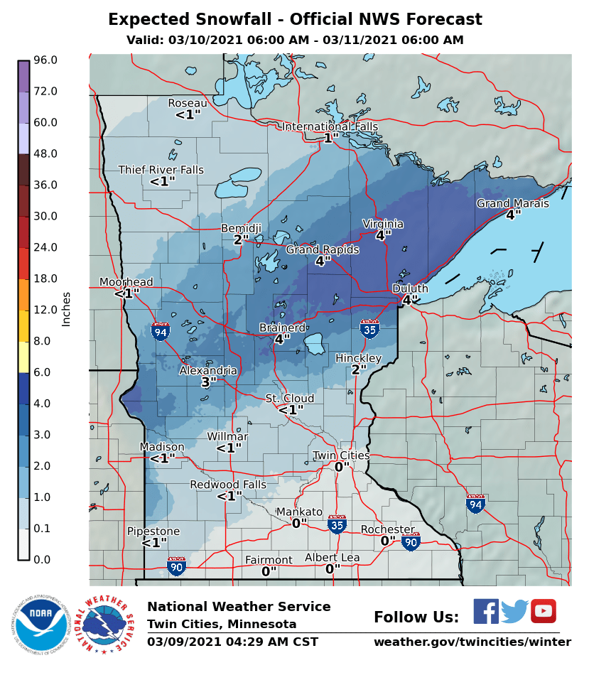 Here is the current expected snowfall for the winter storm to impact the state today and tomorrow. Here in SE Minnesota very little to no snow is expected with non-severe thunderstorms to impact our region. #MNwx #Minneapolis #Duluth #RochMN #Minnesota #LaCrosse #WIwx https://t.co/xEC37HEOT3