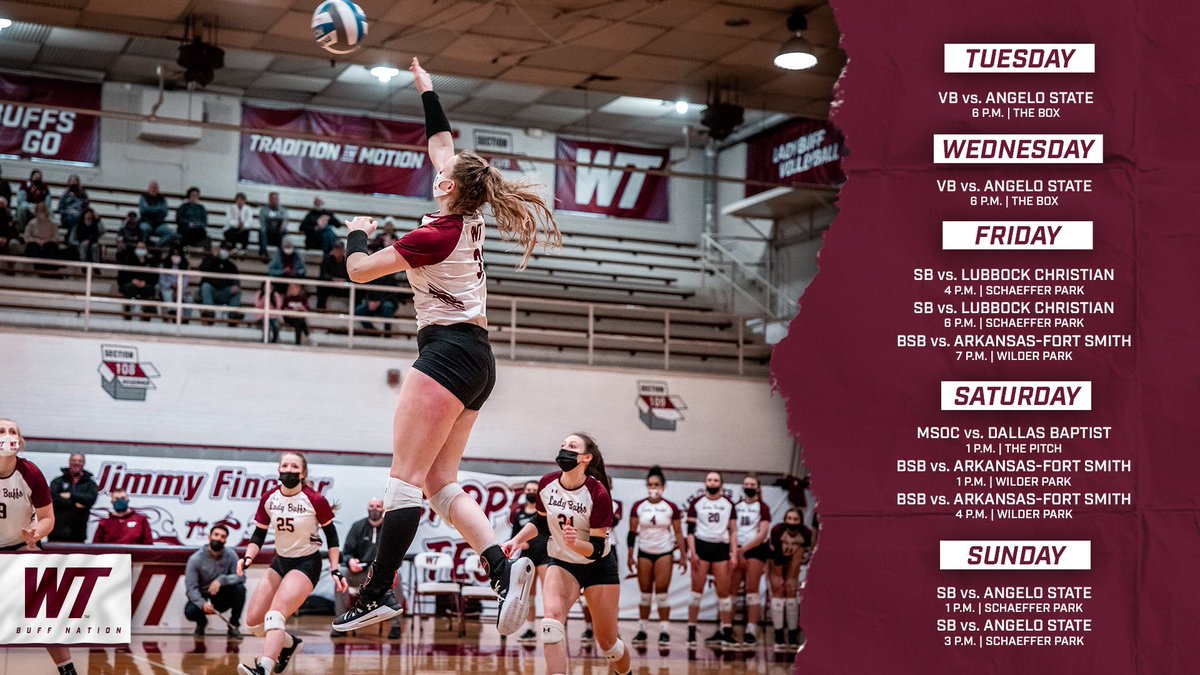 WTAMUBuffs's tweet photo. LOTS of Buff and Lady Buff action this week starting off with @WTVolleyball’s last home matches at The Box tonight at 6 p.m.! 🏐⚾️🥎⚽️

Check it out ⬇️ 

#BuffNation https://t.co/J9MFv8MFsA