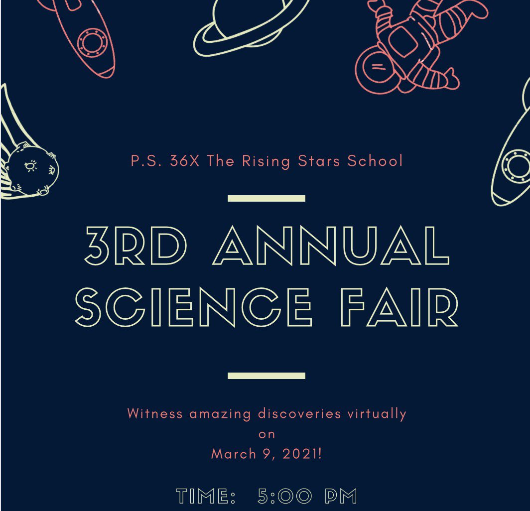 RisingStars36's tweet photo. Calling all our scientists and their families @RisingStars36, please join us for our #VirtualScienceFair tonight at 5:00pm! The link has been sent to the stream in your Google Classroom! #Science #ScienceFair #FutureScienctists https://t.co/rv9l5zjzsM