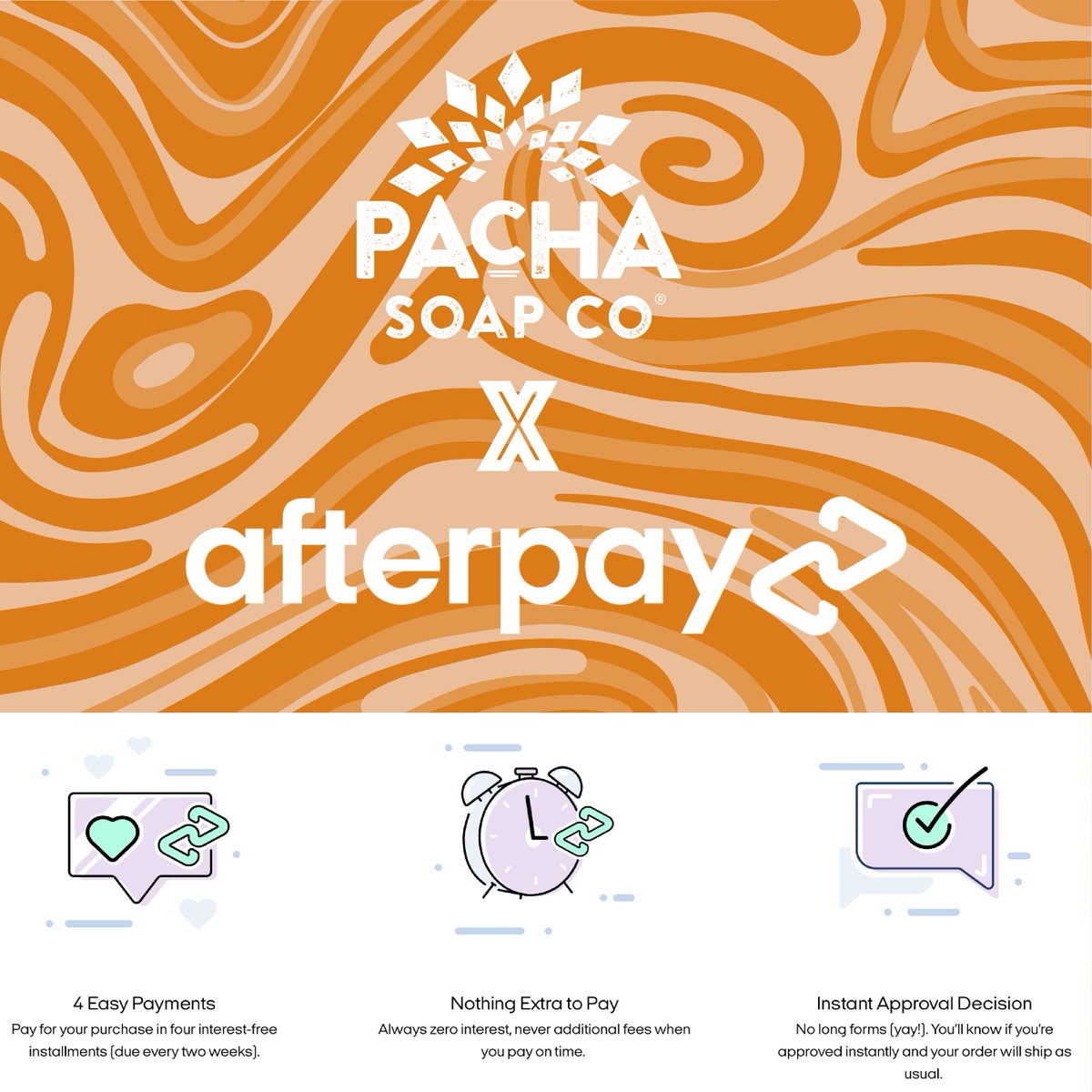 Big news! You can now shop for your Pacha goodies using @afterpayusa 🙌

On orders over $50, you can now pay in 4 equal, interest-free installments due every 2 weeks.