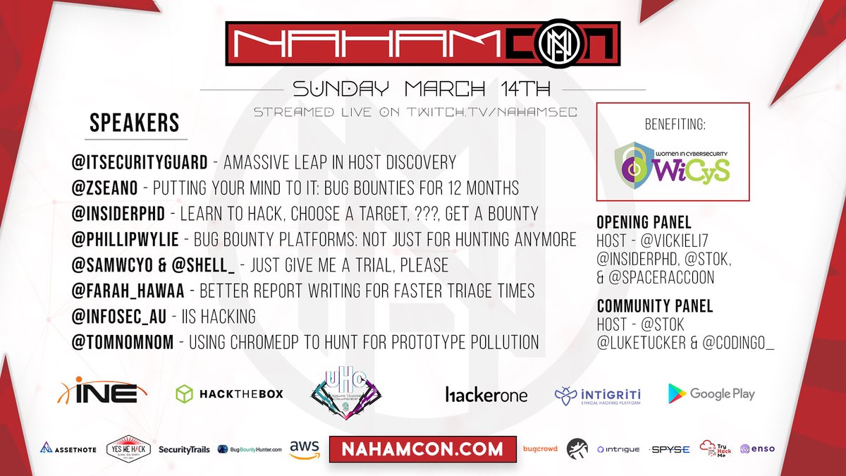 NahamSec's tweet image. Here are all the talks for #NahamCon2021 main stage w/ talks/panels by @vickieli7, @stokfredrik, @ITSecurityguard, @zseano, @InsiderPhD, @infosec_au, @samwcyo, @sshell_, @Farah_Hawaa, @PhillipWylie and @TomNomNom! 

Get your merch and support @WiCySorg at nahamcon.com!