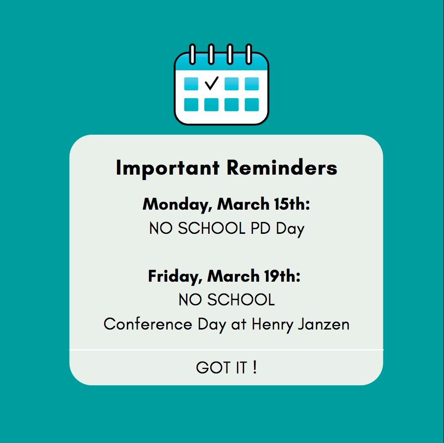 A few reminders about next week!